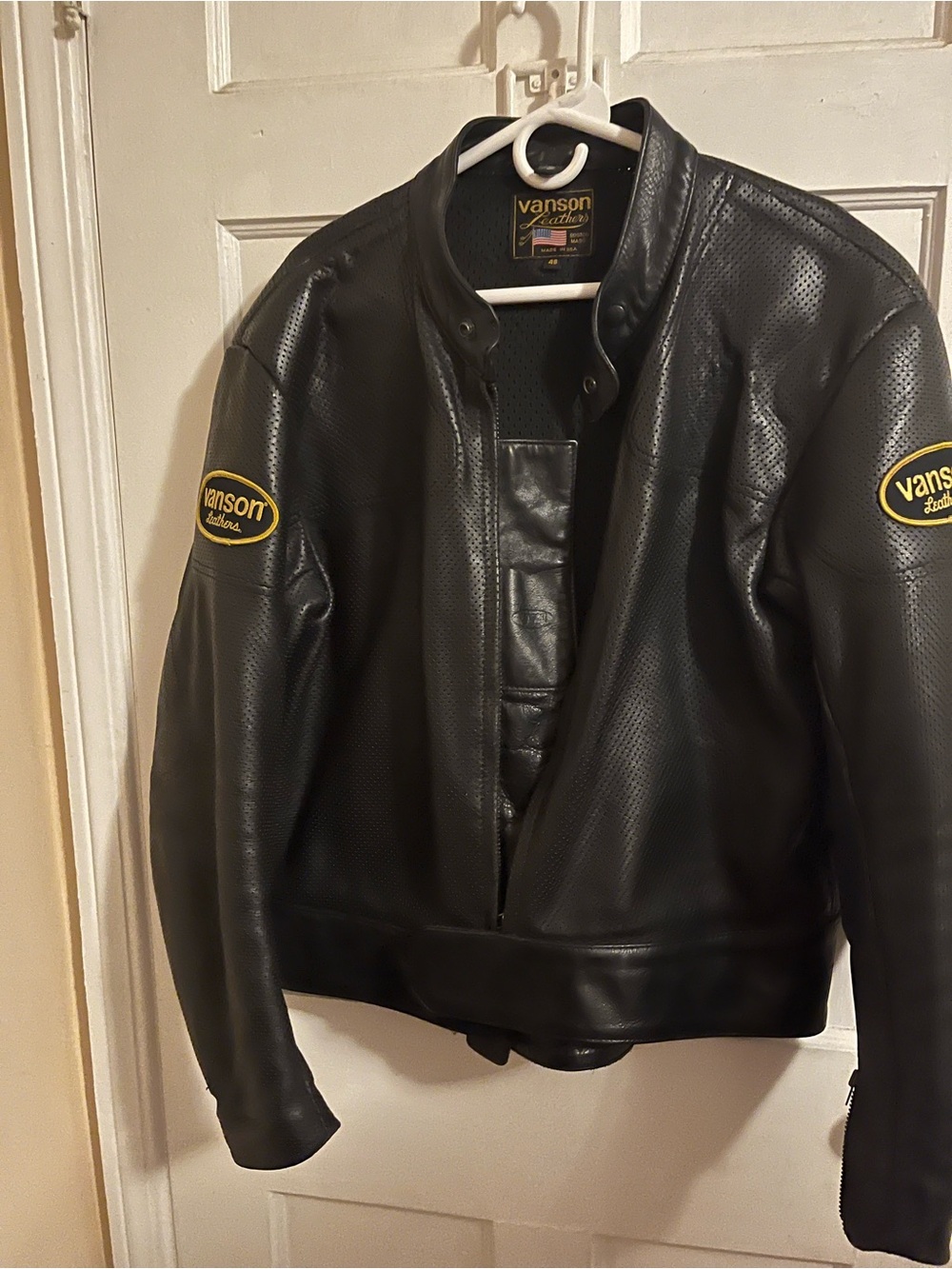 Vanson Black Perforated Leather Bomber Jacket with Yellow Patch Logos